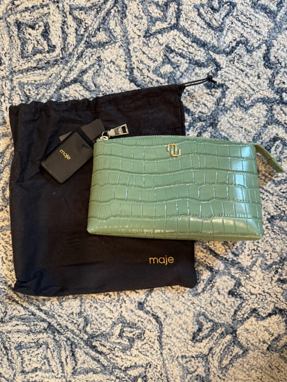 Maje Olive Crocodile-Effect Embossed Leather Clutch